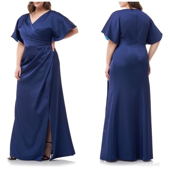 JS Collections Faux Wrap Bonded Satin Navy Gown 2 - Picture 3 of 8